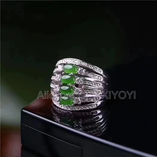 Beautiful 925 Sterling Silver Green HeTian Jade Beads Inlay Jasper Line Hollow Design Ring Adjustable Girl's Charm Gift Jewelry Beautiful 925 Sterling Silver Green HeTian Jade Beads Inlay Jasper Line Hollow Design Ring Adjustable Girl's Charm Gift Jewelry