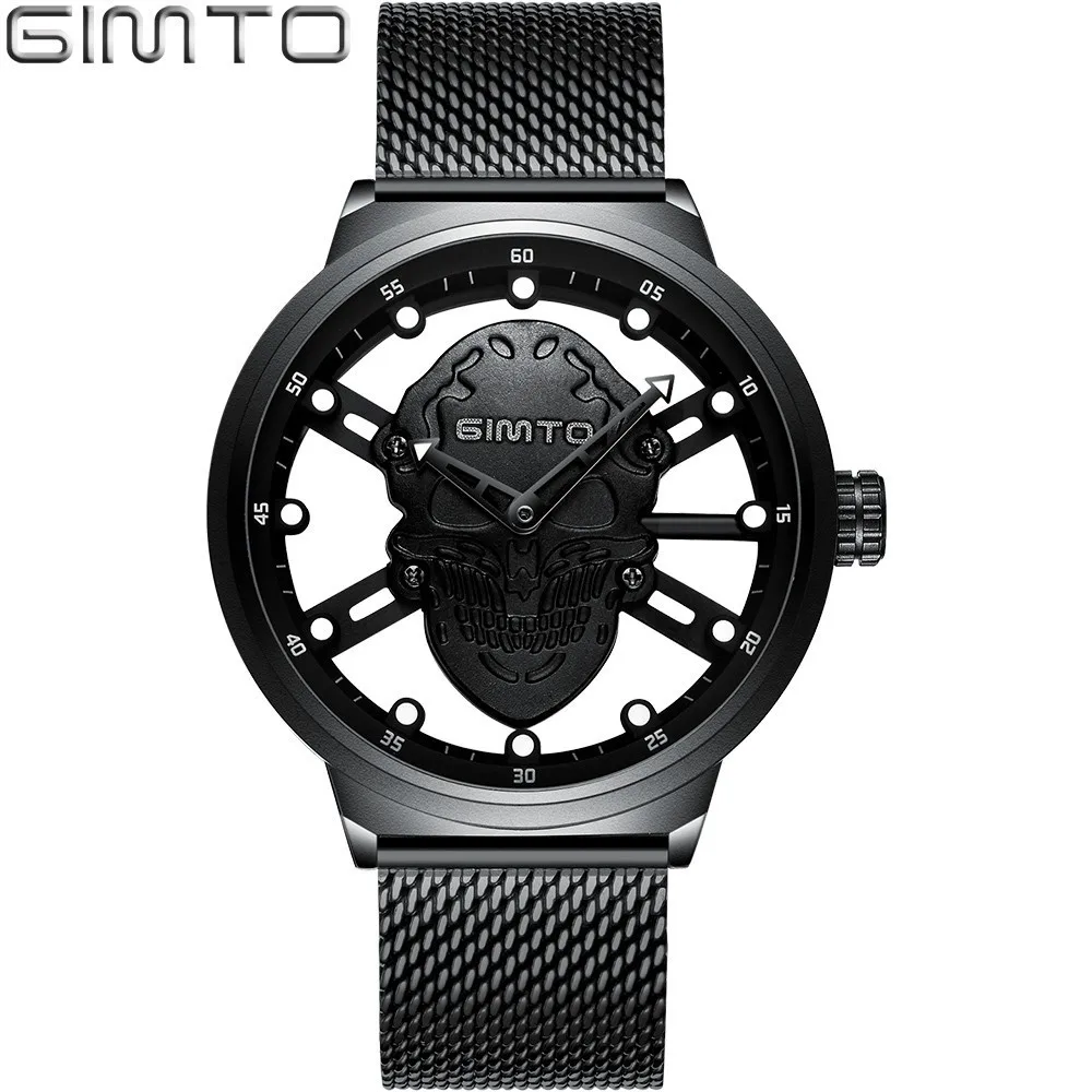 

GIMTO Skeleton Skull Black Watch Man Watches 2018 Brand Luxury Mesh Stainless Steel Watch Men Gold Fashion Mens Watches Quartz