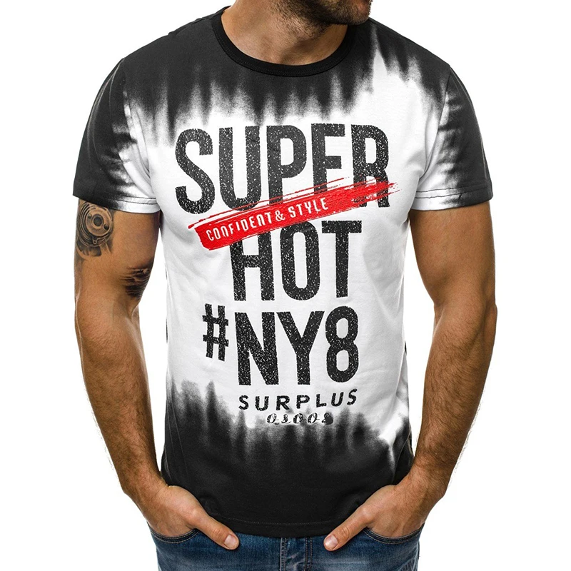 

Large goods special offer 2019 foreign trade new men's round neck stitching gradient letters printed short-sleeved T-shirt man