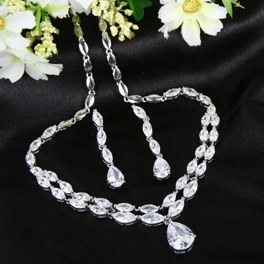 

Tuliper Teardrop Bridal Necklace Earrings Set Cubic Zircon Wedding Jewelry Sets For Bride & Bridesmaid Party Jewelry Gift