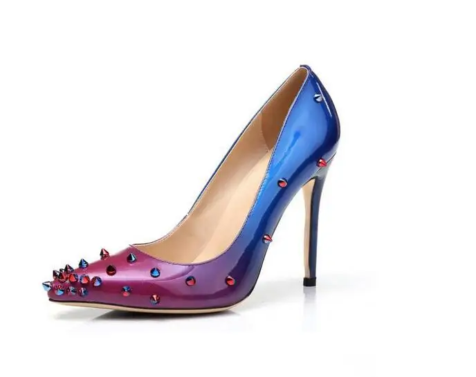 

Novelty High Heel Studded Color Gradient Pointed Toe Pumps Rivet Embellished Slip On Customized Big Size Free Ship Party Shoes