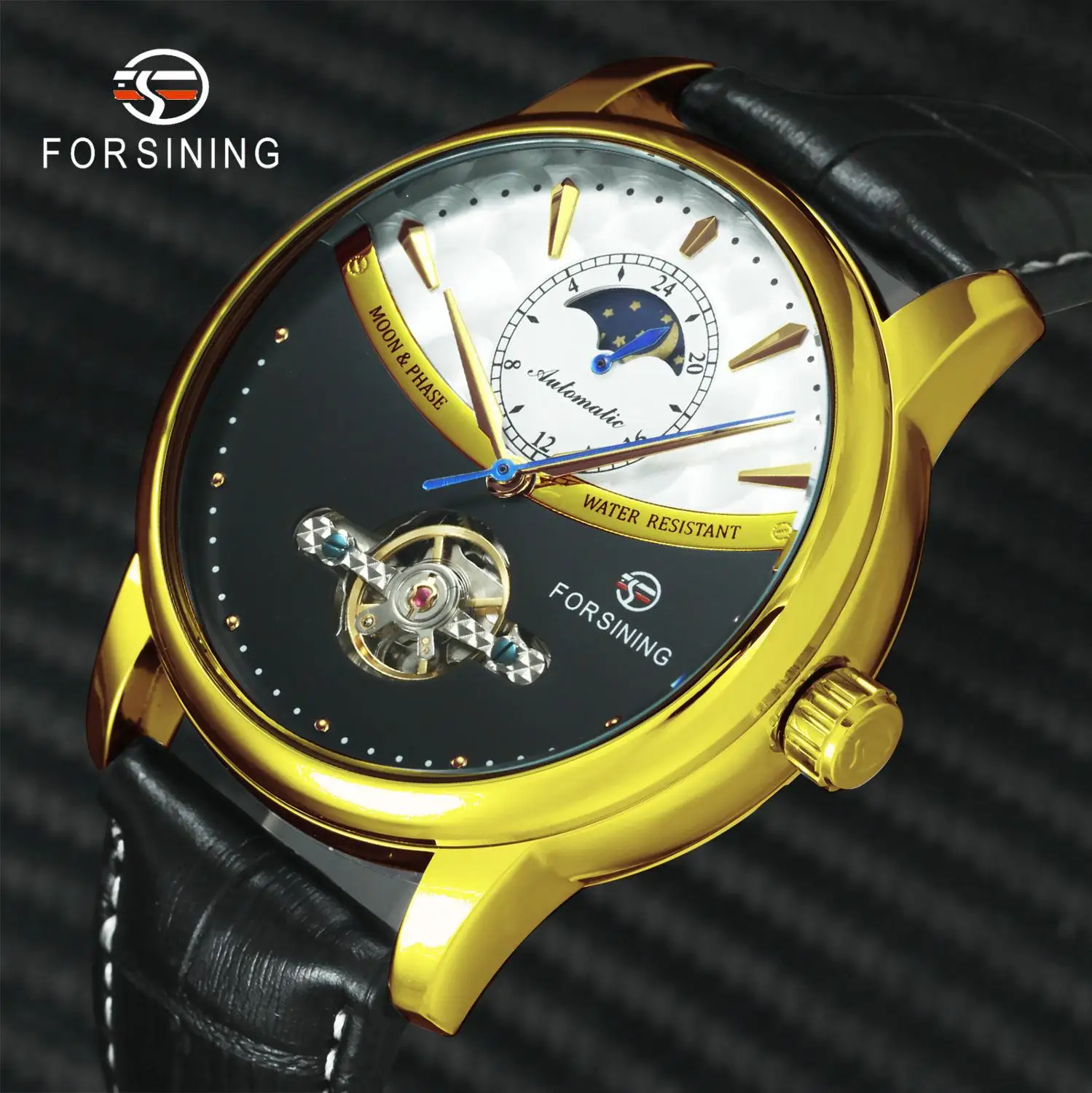 

Luxury Brand Man Gold Watch 2019 FORSINING Automatic Watches Skeleton Tourbillon Mechanical Leather Strap Moon Phase Wristwatch