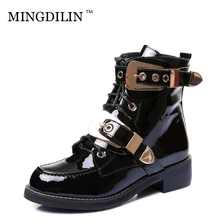 

MINGDILIN Belt Buckle Metal Decoration Trend Ankle Boots Round Head Coarse Heel Comfort Warmth Fashion Party Patent Leather 2018