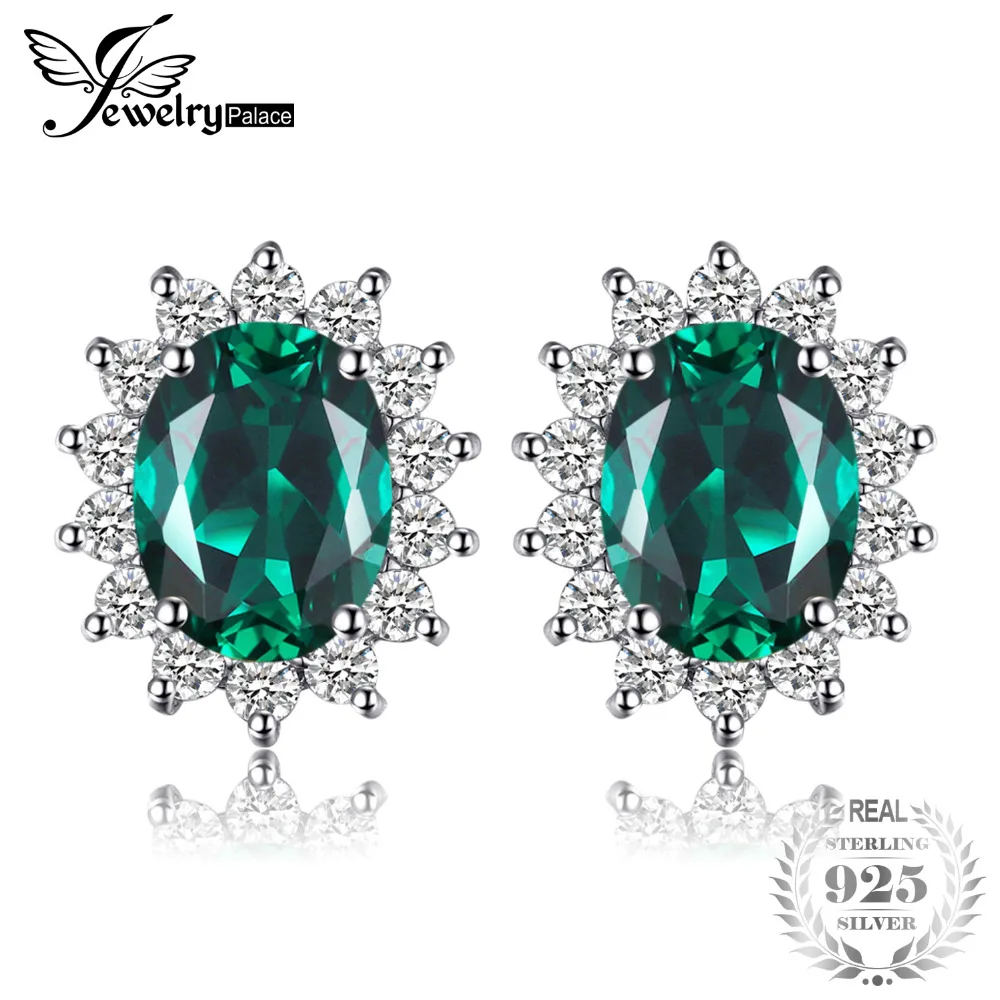 

Created Emerald Stud Earrings Set Genuine 925 Sterling Silver Luxury British Kate Princess Diana William Engagement Wedding