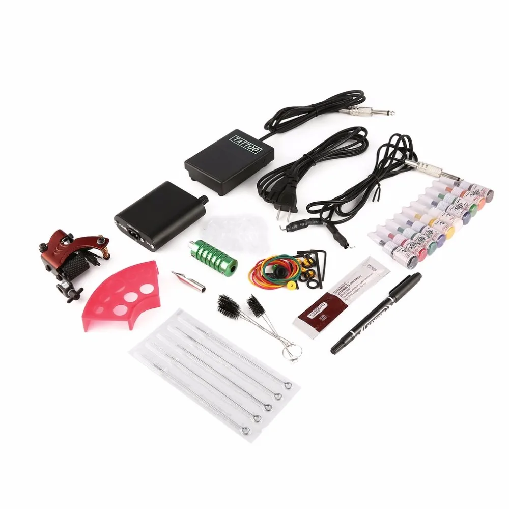 

Complete Tattoo kits Pro Gun Machine Power Pedal 10 Color Ink Sets Power Supply Disposable Needle Grip Well Balanced US Plug