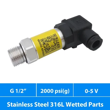 

air water and oil 2000 psi pressure sensor, 12 30V DC supply + 0 to 5V 3 wire signal, ss316L diaphragm, g1 2 thread + Hirschmann