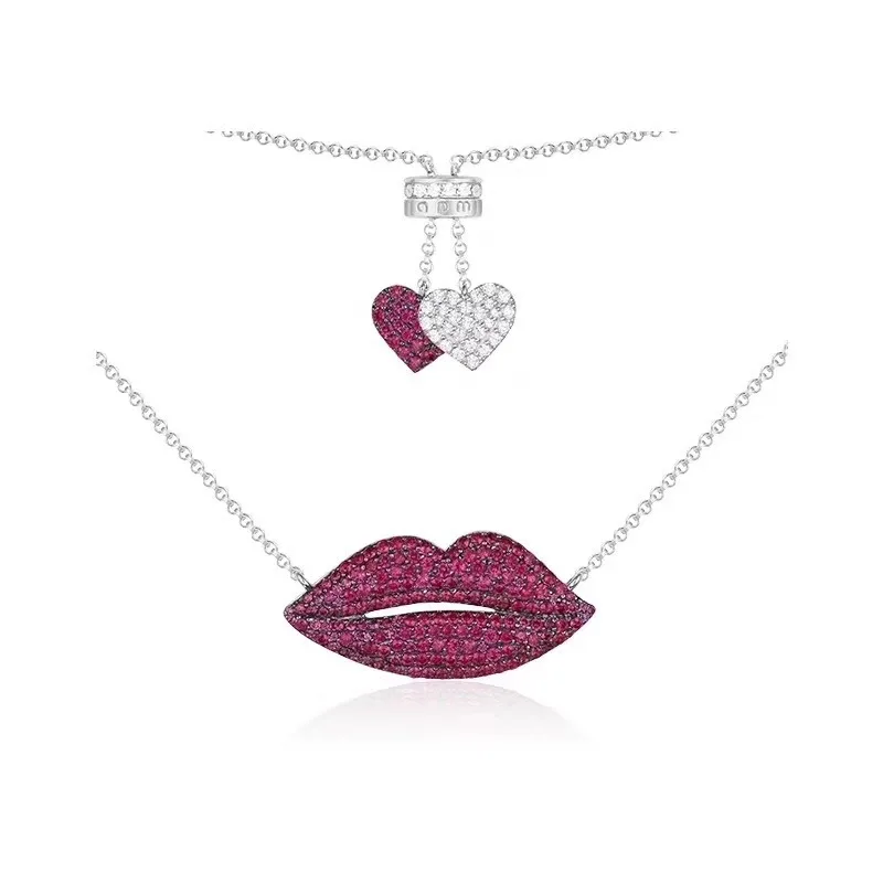 

[MeiBaPJ]Pure S925 Sterling Silver Red Lips Necklace for Women With AAA High Quality Zircon Pendant Necklace Fine Jewelry