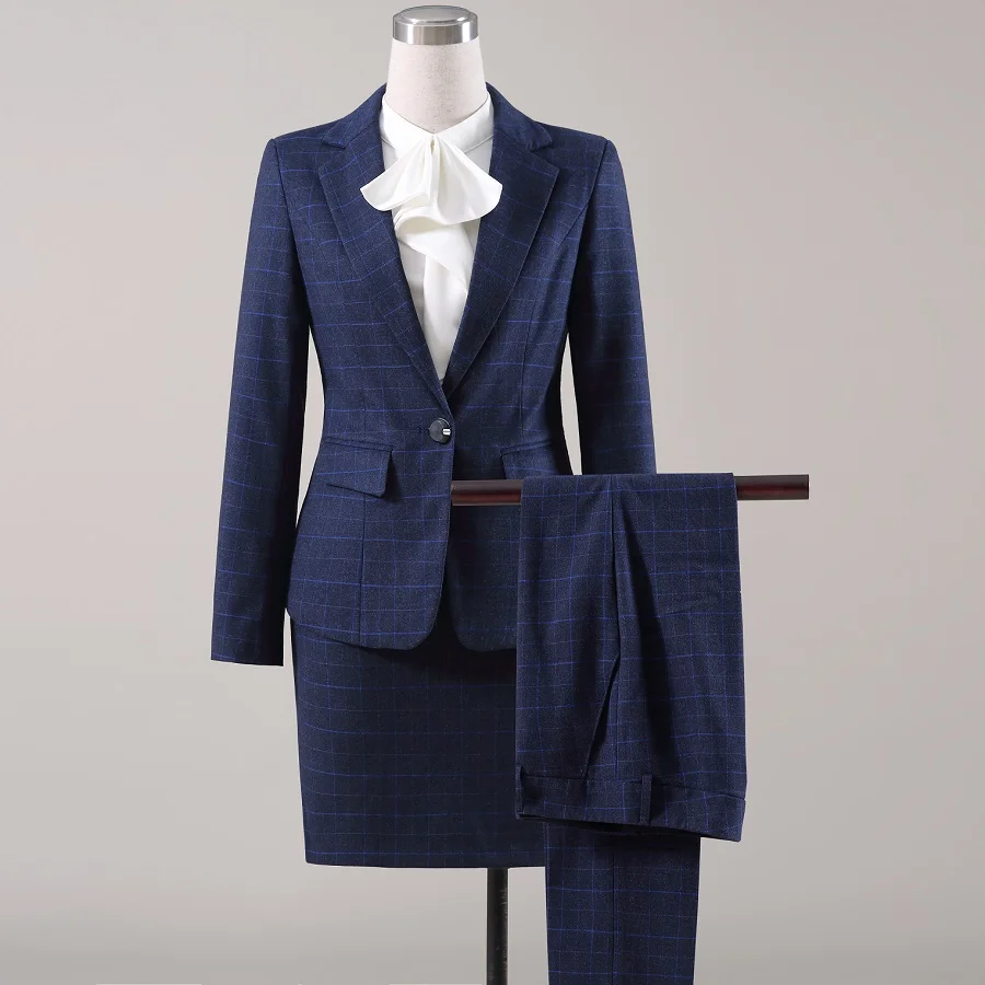 Longues D'affaires Blue À blue blue Ol D'hiver Skirt Pants Costume 4 Veste Mince Bleu Acrmrac Pantalon Costumes Pieces Femmes Jacket Pieces blue Set Skirt Pants Formelle Grille Manches 3 w8Yx6