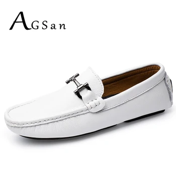 

AGSan men designer driving shoes white leather moccasins italian shoes slip on mens loafers solid color mocasine