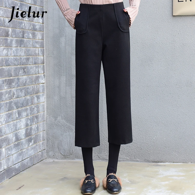 Jielur широкие брюки Капри женские с высокой талией карманы повседневные Прямые укороченные брюки зимние корейские свободные черные брюки для женщин
