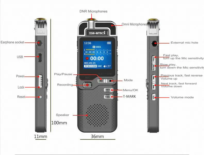 Shmci D60 Профессиональный 1536 кбит/с цифровой диктофон, мини диктофон, АЦП, контроль шума, аудио рекордер, mp3-плеер