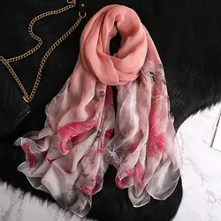 Guttavalli Новинки для женщин розовый длинный шелковый шарф сезон: весна–лето большие мягкие шаль с цветочным рисунком леди Chevron листьев узкие