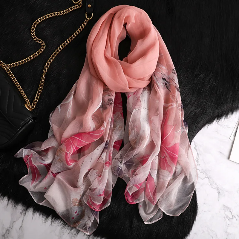 

Guttavalli Women New Pink Silk Long Scarf Spring Summer Big Soft Floral Shawl Lady Chevron Leaf Skinny Light Scarves 135*180CM