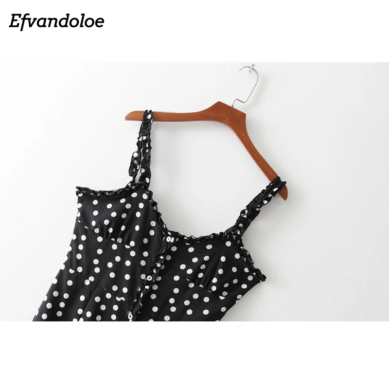 Efvandoloe/черное платье на бретельках с оборками летнее пляжное миди без рукавов