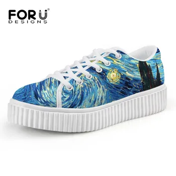 

FORUDESIGNS Stylish Art Design Starry Night Printed Women's Flats Casual Creepers Platform Shoes Female Lace Up Boat Shoes Woman