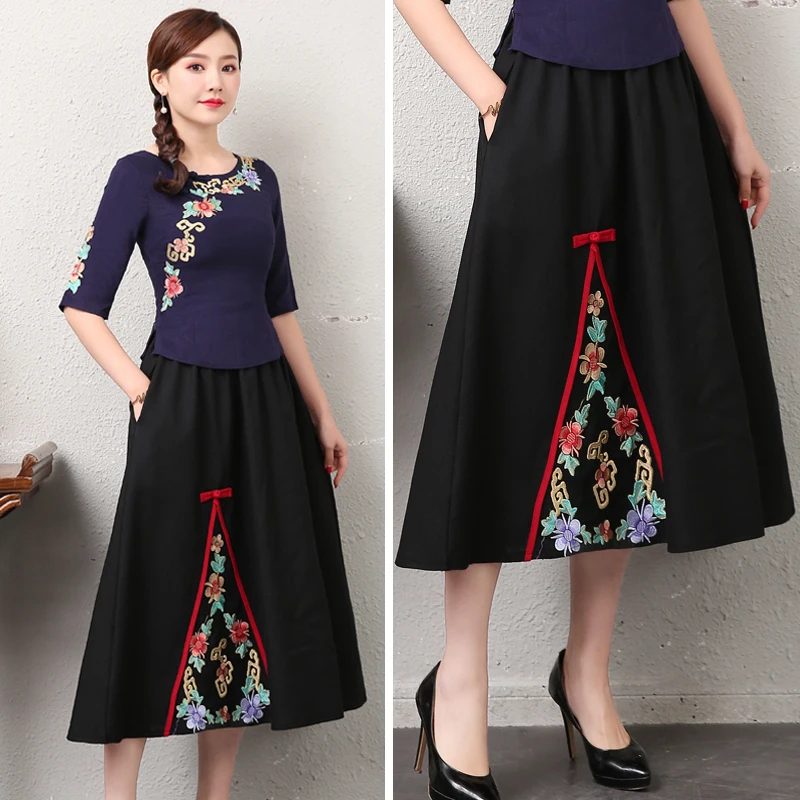 

KYQIAO jupe femme ethnic skirts womens autumn spring Mexico style luxury brand long blue black red patchwork midi skirt