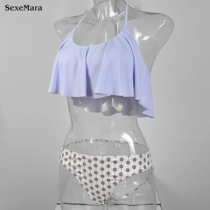

2017 SexeMara Off Shoulder Flounce Bikinis Set Swimming Suit Womens Beach Bikini Swimsuit Light Purple Cheap,Size S L XL