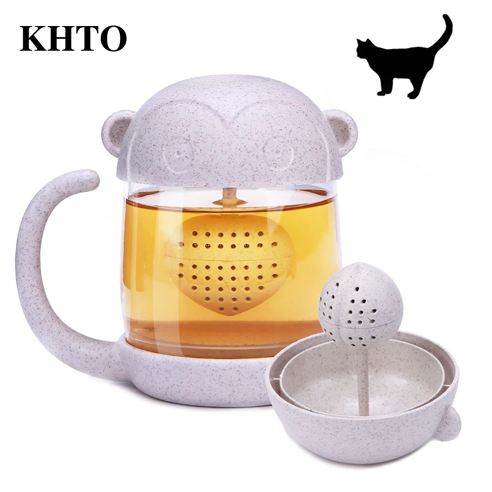 KHTO Cute Cat Monkey Tea Infuser Cup Glass Mug Teapot Teabags Mugs
