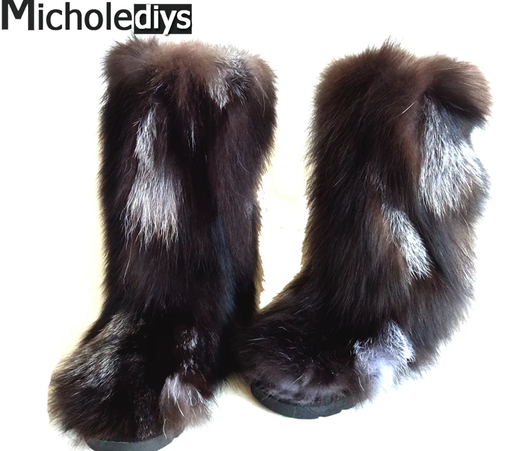 

2018 Micholediys Handmade New arrival Woman Fox Fur Grey Botas Snow boots Flat plus size Woman Warm Shoes
