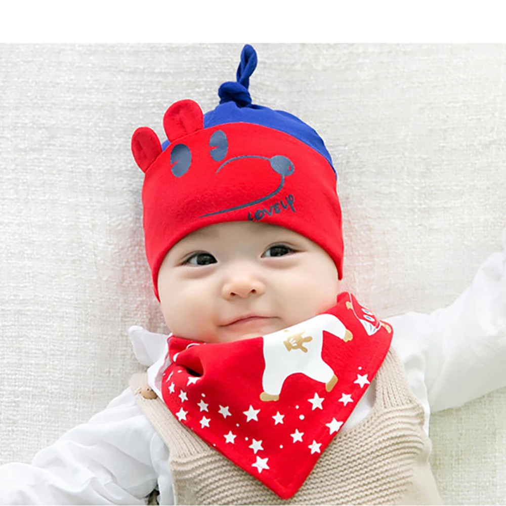 Newborn Baby Bibs Thin Cap Scarf Infant Girls Boys Bandana Bib Saliva Towel Set Cartoon Printing