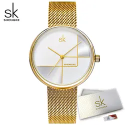 Shengke золотые часы для дамы Кварцевые наручные часы Для женщин Милан сетки Сталь наручные часы lrregular циферблат Relogio Feminino
