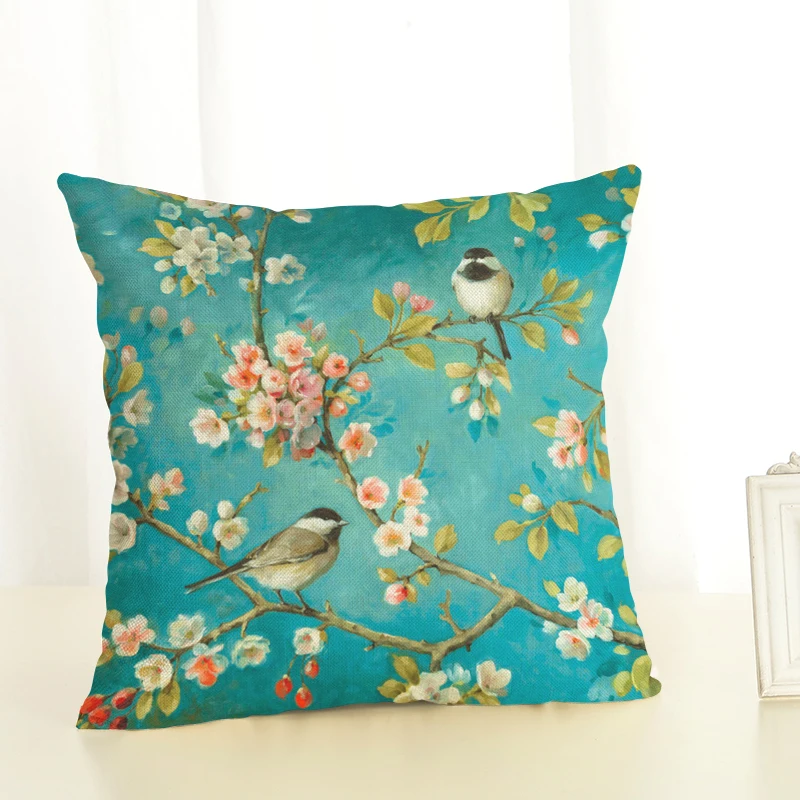 الأزياء النفط اللوحة الطيور المخدة الأزهار غطاء الوسادة القطن الكتان مكتب كيس وسادة ديكور المنزل وسادة أريكة حالة
