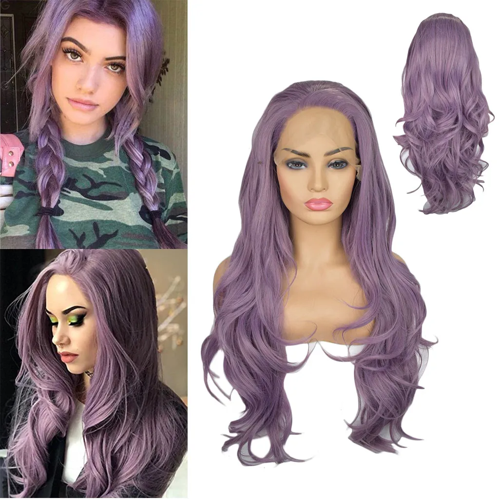 

Factory price 1pc Women Fashion Lady Purple Long Wavy Curly Lace Front Hair 24 inches Cosplay Party Wigs Stand Stocked Feb20