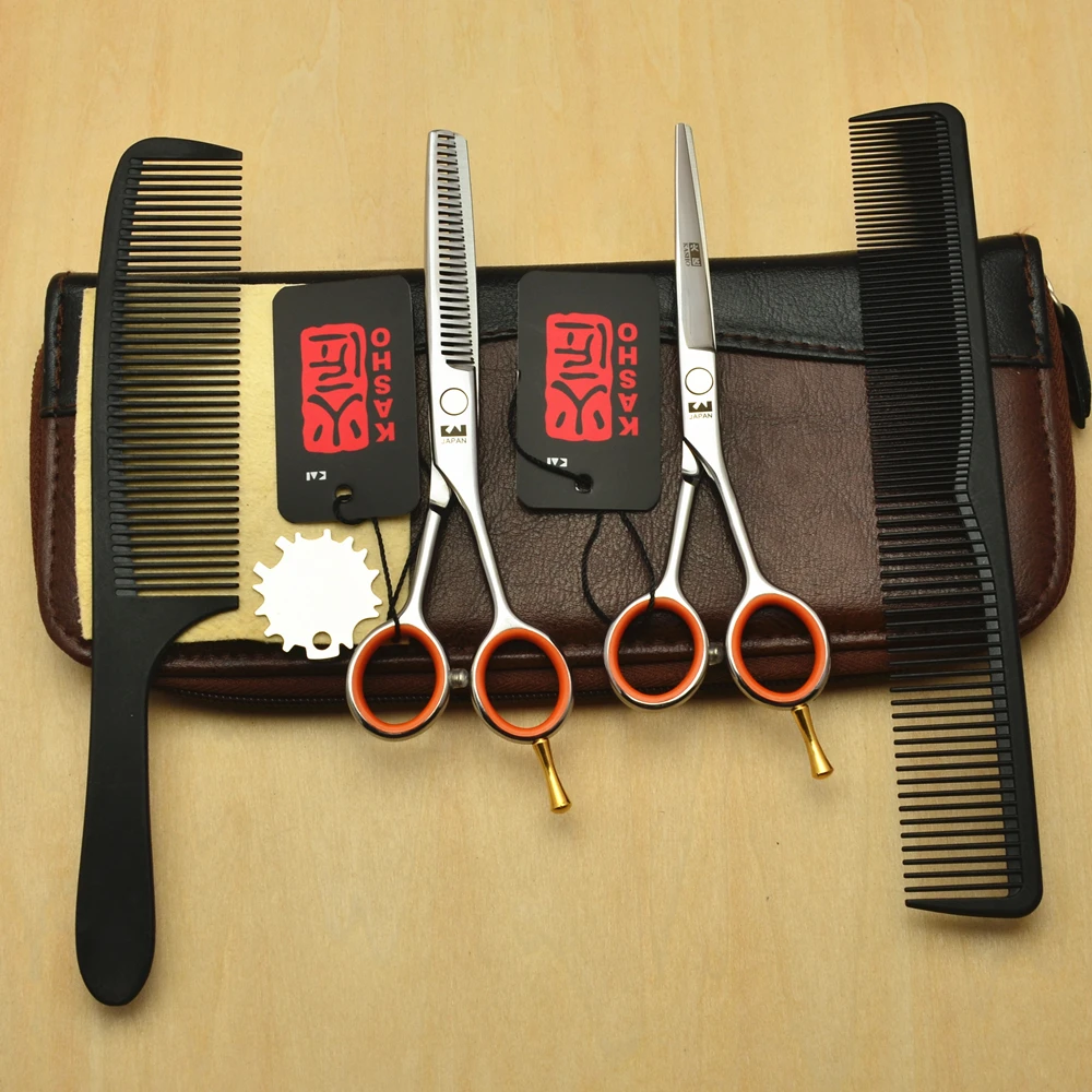

4Pcs Suit 5.5'' 16cm Kasho JP 440C Professional Human Hair Scissors Hairdressing Cutting Shears +Thinning Scissors + Combs H1017