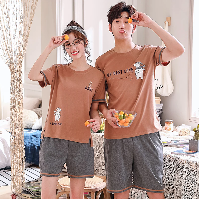 

Plus Size M-4XL Couple Pajama Set Summer Cute Cartoon Sleepwear Short Sleeve Pyjamas Pajamas Set Cotton Home Clothing
