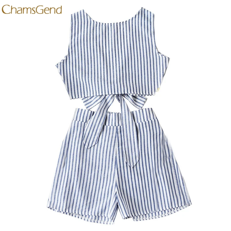 

CHAMSGEND Trendy Style 2018 Fashion feminina blusas Women Convertible Vertical Striped Bow Tie Crop Top With Short Gifts