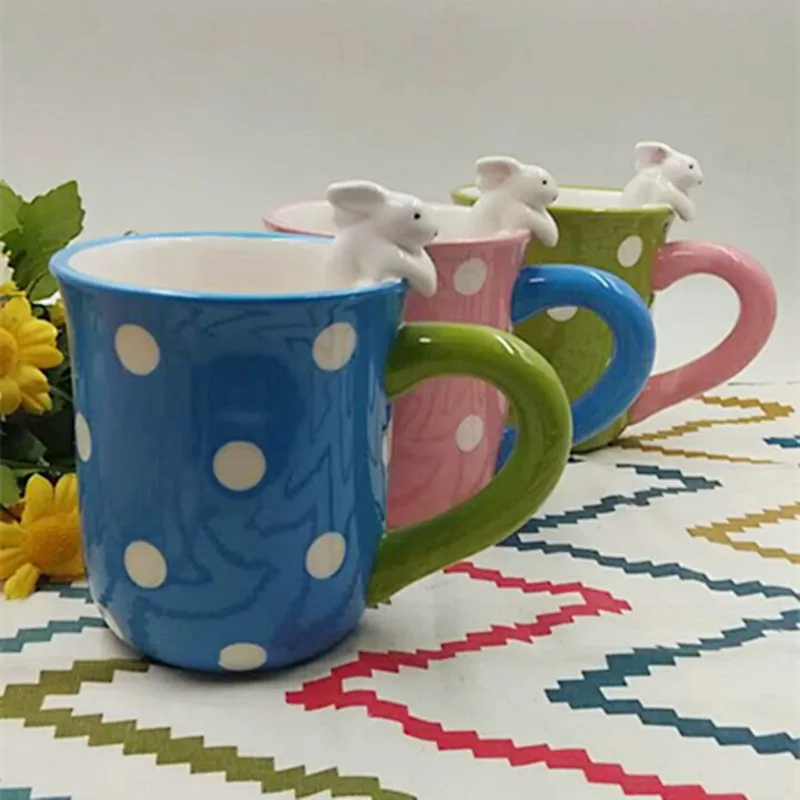 

400ml 3D White Rabbit Ceramic Cup Macaron Polka Dot Porcelain Mug Candy Color Sweet Cup Free Shipping