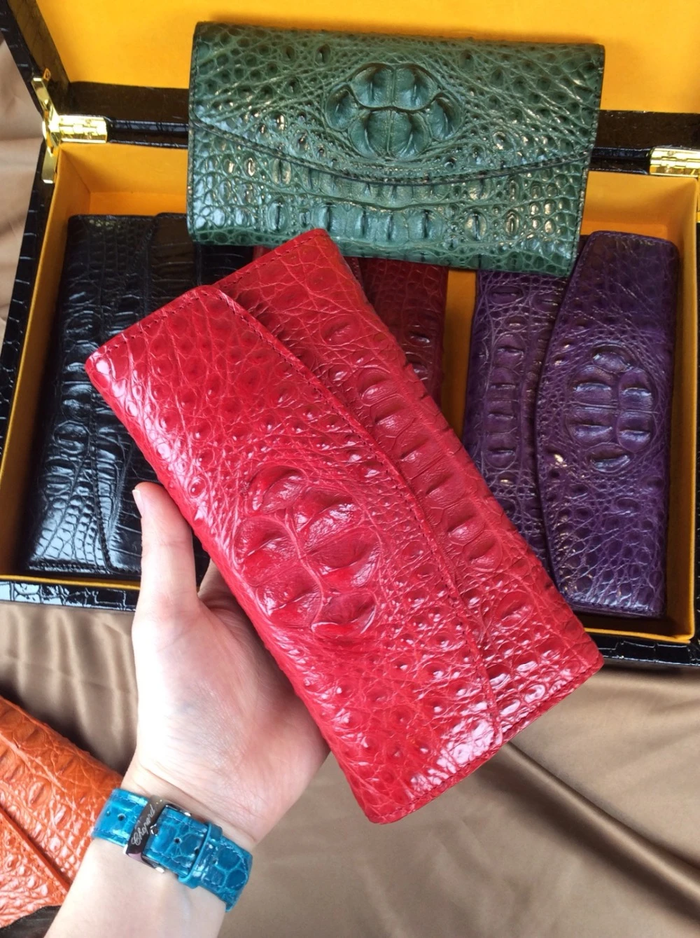 Cartera de piel de cocodrilo 100% auténtica para mujer, de gran tamaño cartera larga, tarjetero, tarjetero, color rojo y - AliExpress