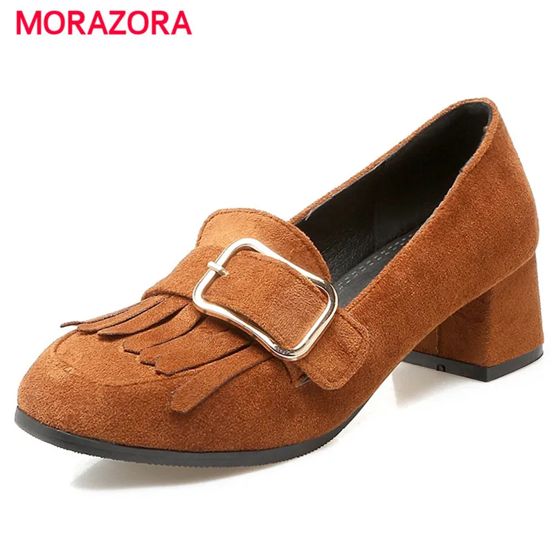MORAZORA/ горячая распродажа; Туфли Мэри Джейн; женские туфли-лодочки; большие размеры 34-48; туфли на высоком квадратном каблуке; модные вечерние туфли из флока для работы