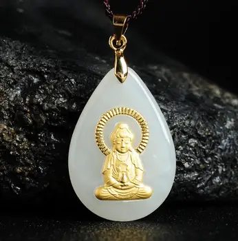 

Authentic natural jade white water drops pendants gold inlaid Hetian jade Guanyin pendant men and women neck ornaments