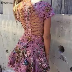 Dressnow Для женщин сексуальное, обтягивающее, бандаж платье с открытой спиной Женская Цветочный принт выдалбливают Платья для вечеринок с