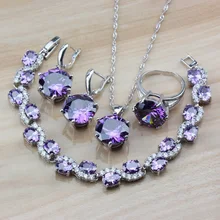 Свадебные аксессуары, Круглый австрийский натуральный фиолетовый кристалл, 925 серебряные ювелирные наборы для женщин, серьги/ожерелье/браслет/кольцо