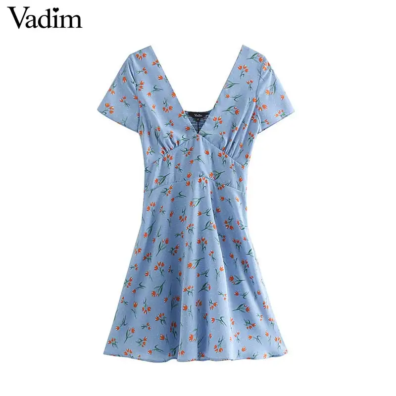 

Vadim women sexy deep V neck floral print mini dress short sleeve elegant female casual stylish chic dresses vestido QB839