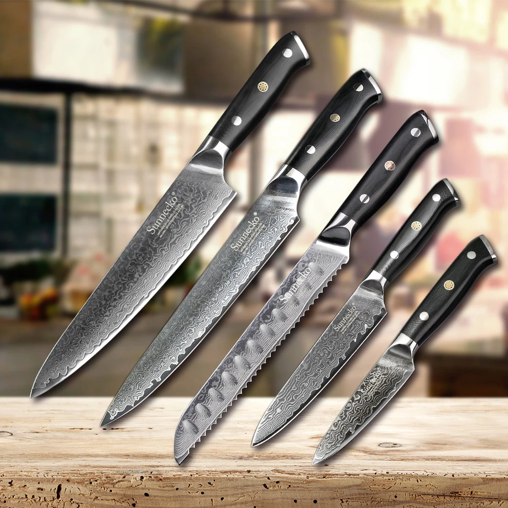

SUNNECKO 5PCS Kitchen Knives Set Damascus Japanese VG10 Steel G10 Handle High Quality Chef Utility Bread Slicing Paring Knife