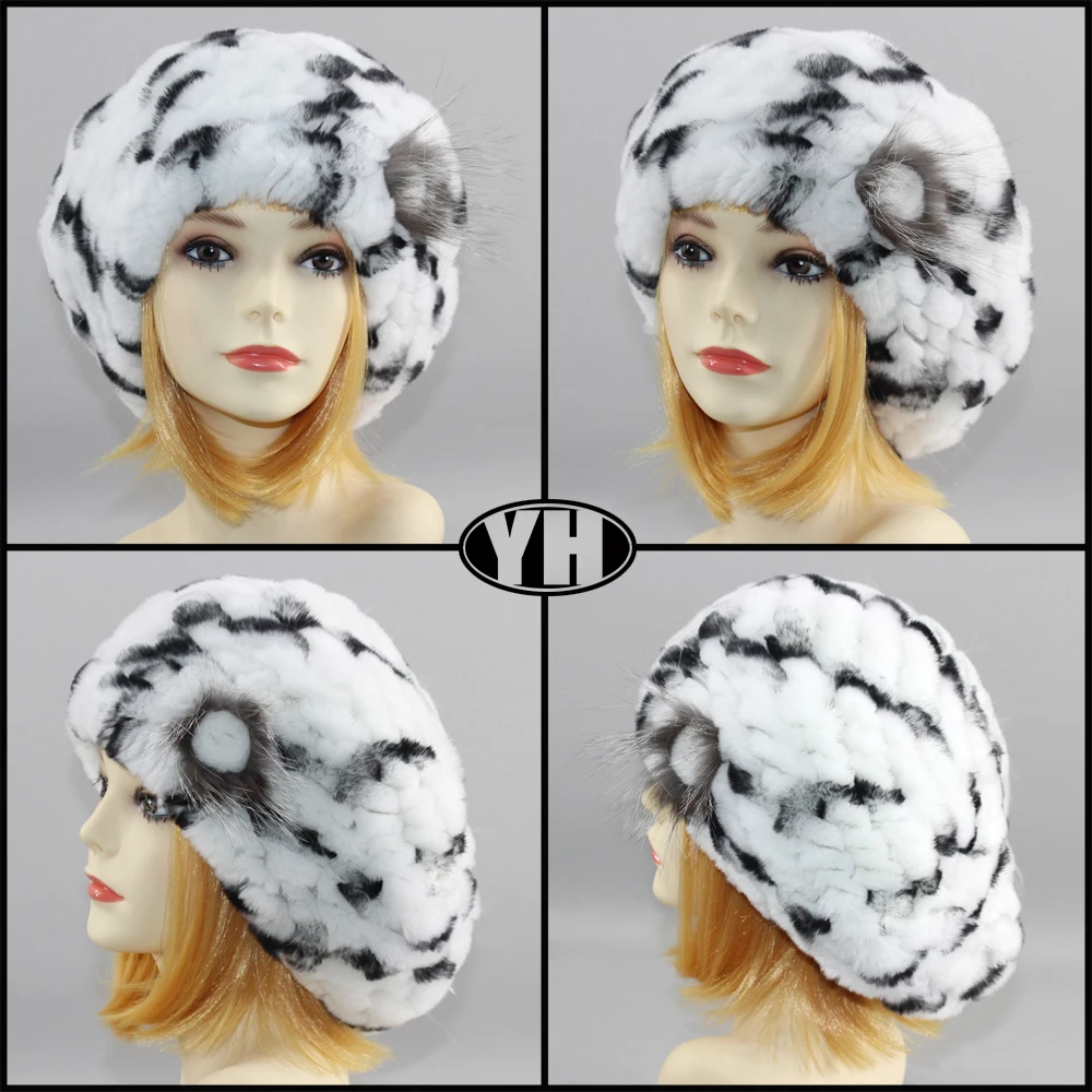 New arrive Women fur Berets real rex rabbit fur hat warm elastic flower lady fashion fullness fur cap headgear