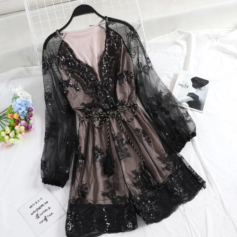 

2019 Spring Floral Embroidery Sequined Mesh Loose Rompers Women V-Neck Long Sleeve Sexy Rompers Female Short Jumpsuits