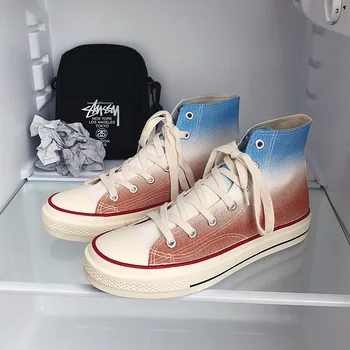 

New Men High Top Canvas Shoes Casual Sneakers Stylish Mixed Color Design Lace-up Flat Skate Footwear Back To School Anti-skid