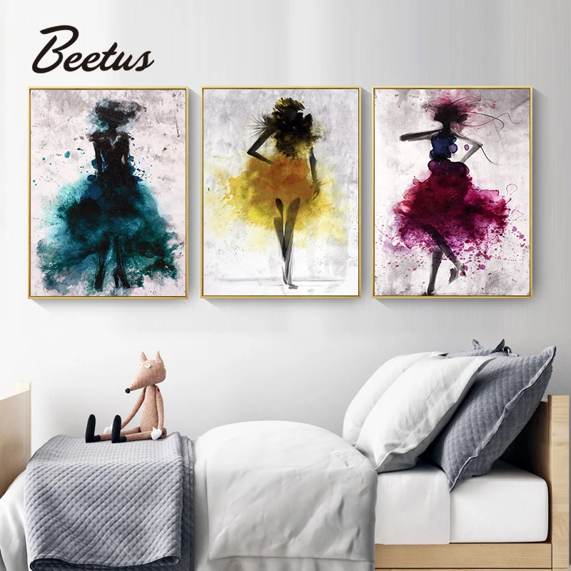 Nordic Canvas Painting Women Figure Abstract Living Room Decor Colorful Dress Lady Wall Art Picture Print Girl Bedroom | Дом и сад