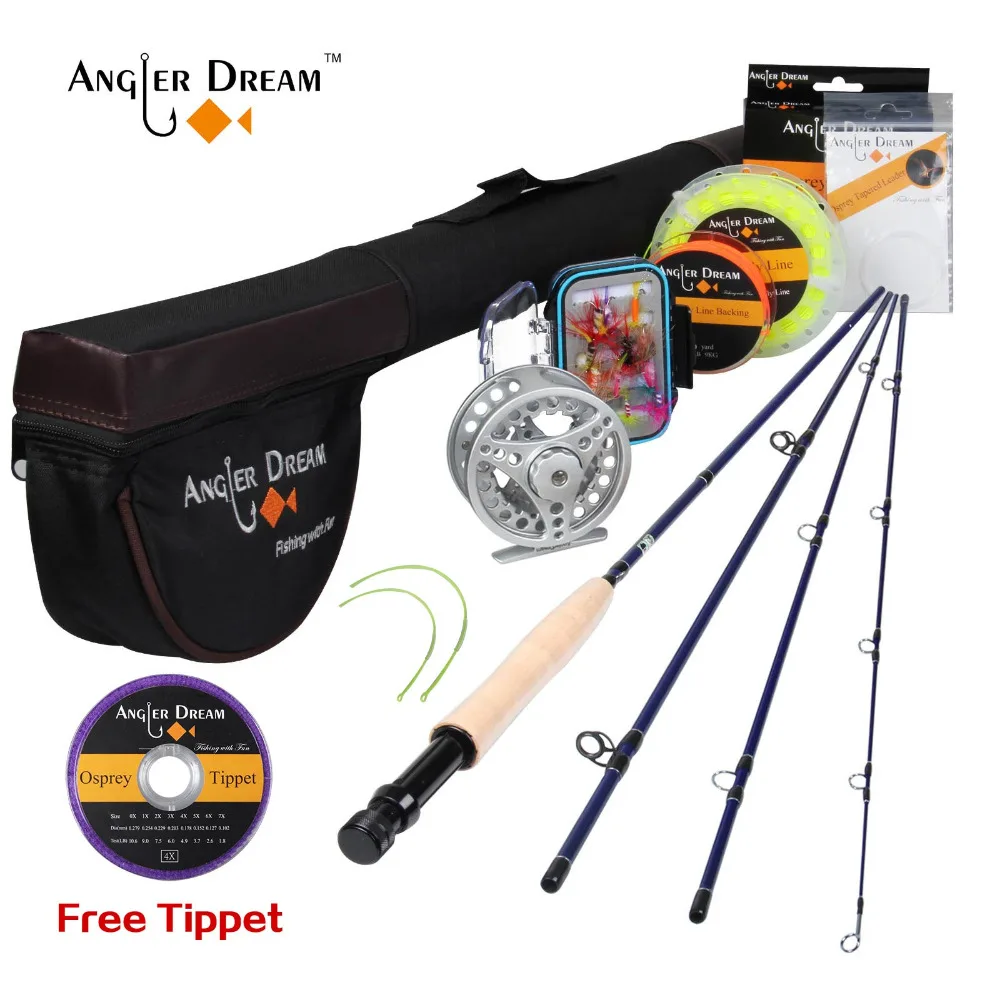 Angler Dream 5WT Летающий рыболовный комплект 9FT средний-Быстрый Летающий стержень предварительно-Spoled Fly Reel 5F Fly Line с Cordura трубка-треугольник