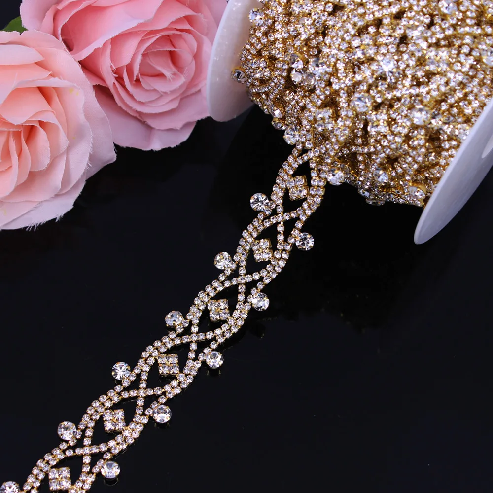 

2.8CM Width Gold Crystal Wedding Dress Belt Bridal Cup Chain Trim Flower shape Rhinestone Trim Sew on Garments DIY Clothes