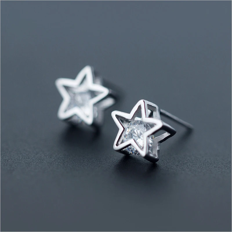 

European 925 Sterling Silver Five Stare Crystal Earrings For Women Wedding Party Jewelry Fine Trendy Girl Stud Earring