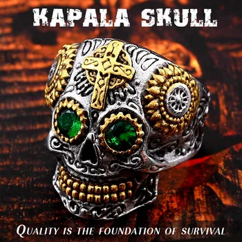 BEIER Stainless Steel Gothic gold Carving kapala skull mask Ring Biker Hiphop rock Jewelry Unique fashion Gift for men BR8-327