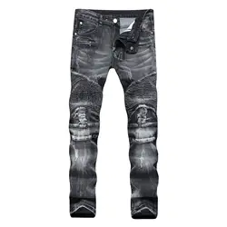 Мужские зауженные джинсы Distressed Slim high street эластичные джинсы джинсовые байкерские джинсы хип-хоп брюки промывают молнии Рваные джинсы