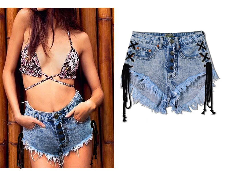 2017 Europe and the United States women's high waist open-style quilts Slim wear fringed snowflakes double banded ladies denim shorts (6)