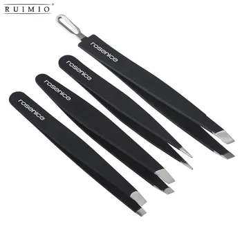 

4pcs Professional 401 Stainless Steel Slant Tip Tweezer Eyebrow Tweezers Kit with Rubber Painted Eyebrow trimmer makeup clips