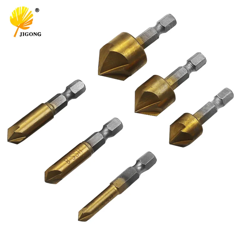 

6pcs 5Flute Chamfer Countersink 1/4 "Hex Shank HSS 90 Degree Wood Chamfering Cutter Chamfer 6mm-19mm Countersink Drill Bit